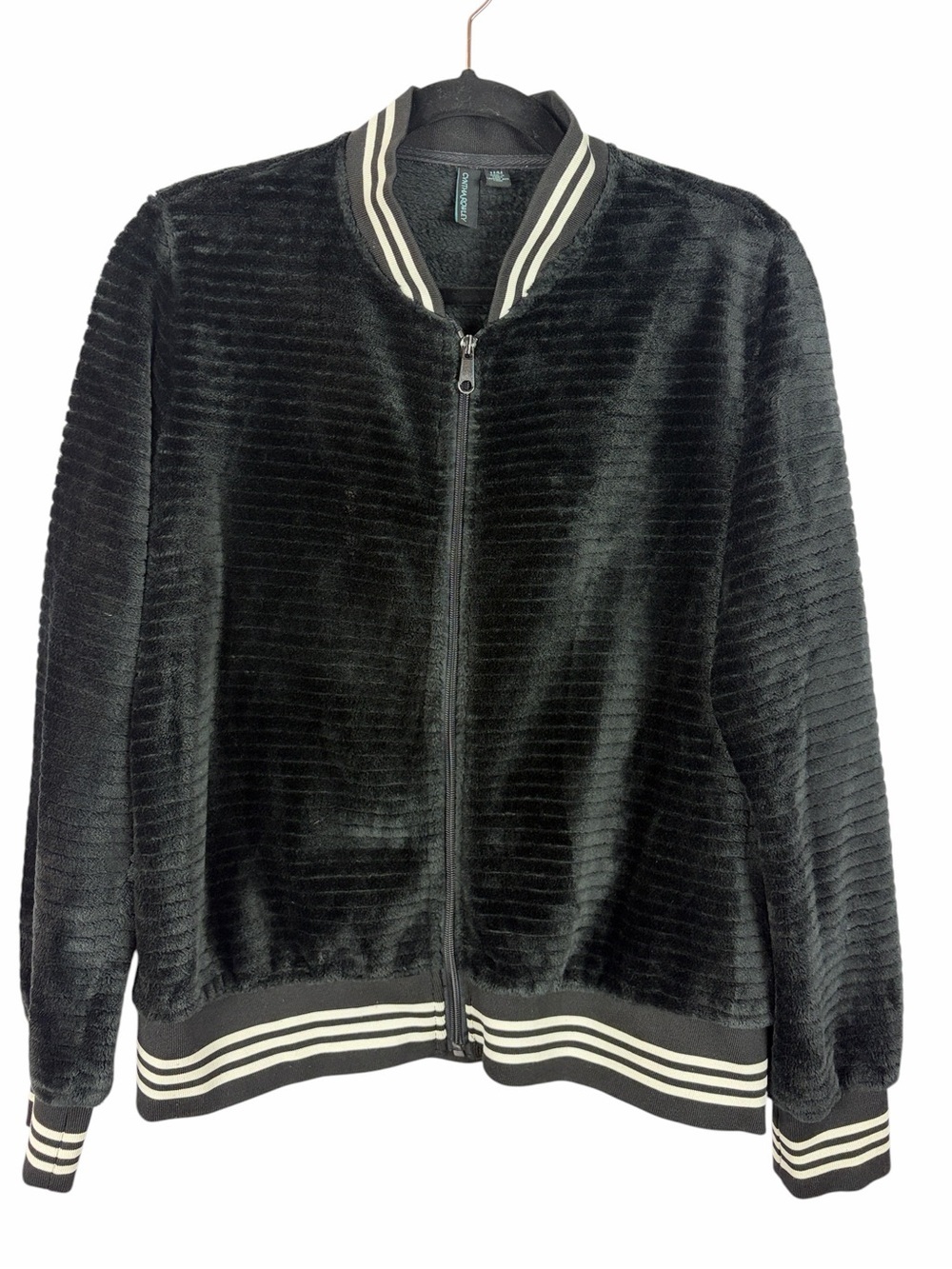 Cynthia Rowley Black Faux Fur Bomber Jacket Size M Zip Front Plush Soft Cozy
